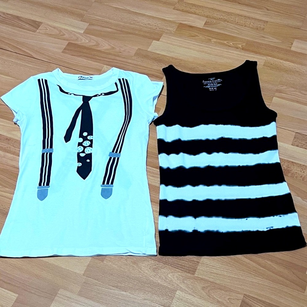 White Graphic Tee with Tie Design and Black Striped Tank Top Sz.M